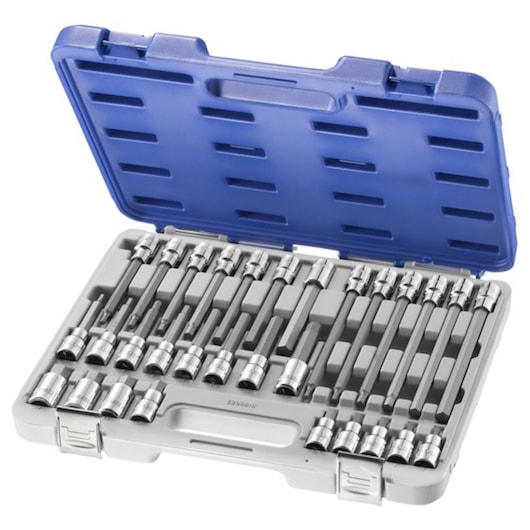 Facom E200516 socket and bit set in a gray plastic case with blue lid, contents arranged in molded slots, angled view.