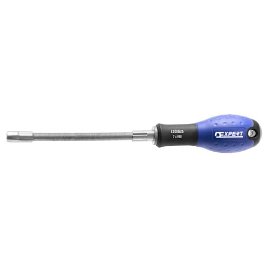 Facom E200526 flexible nut driver with blue ergonomic handle and long flexible shaft, side view on white.