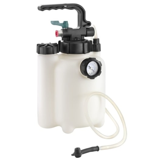 Facom E200909 brake bleeder with pressure gauge, white plastic tank and black handle, front angle.