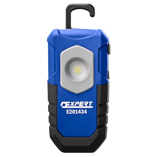Facom E201434 blue and black portable LED work light with hanging hook, front angle.