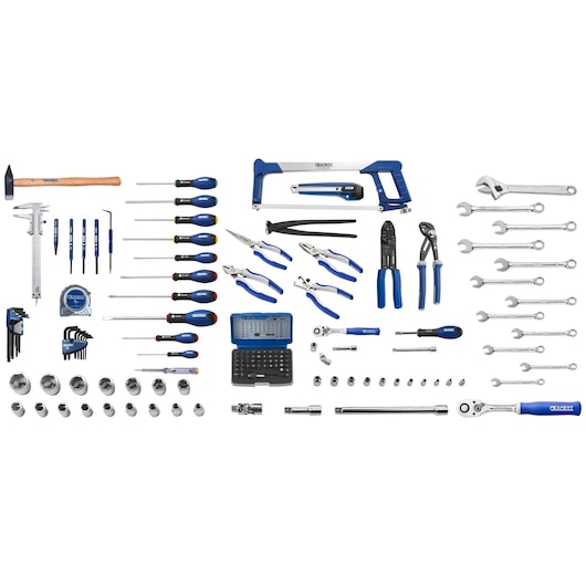 Facom E220107 hand tool set with assorted screwdrivers, pliers, wrenches, sockets, and a hacksaw, top-down view.
