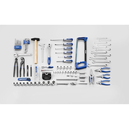 Facom E220109 hand tool set with assorted wrenches, screwdrivers, pliers, sockets, and saw, top-down on white background.