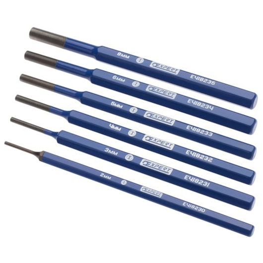 Facom E418230 set of six blue steel pin punches, each labeled with size and brand, angled on white background.