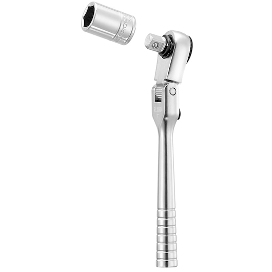 Facom ECR photography of a silver ratchet wrench with a detachable socket, front angle, white background.