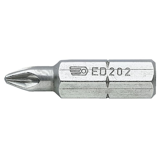 Facom ED_204 screwdriver bit, silver, hex base, engraved logo, product in side view on white background.