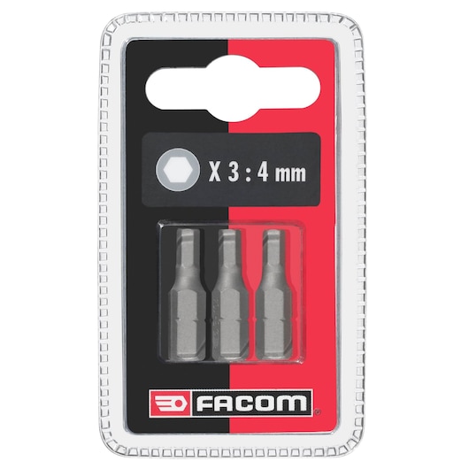 Facom EH105_J3 4mm hex bit set, three silver hex bits in retail packaging front view.
