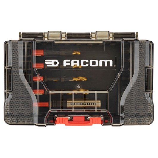 Facom EN_1J24PB drill bit set case with transparent lid, black and red accents, top view, photography.
