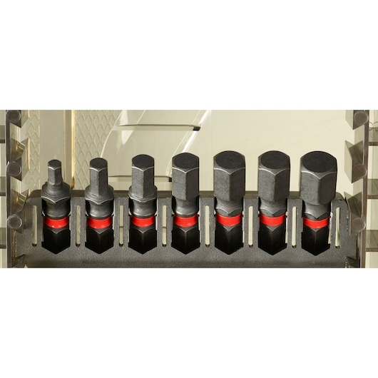 Facom EN_1J24PB hex impact socket set with seven black sockets in holder, shown from front on white background.