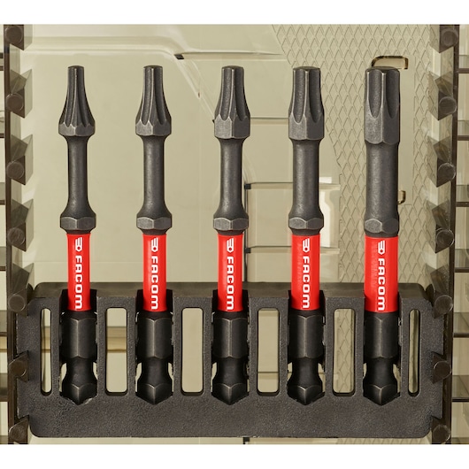 Photo of Facom EN_1J24PB set of five heavy-duty screwdriver bits with red handles in black holder, front view.