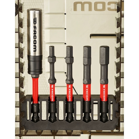 Photo of Facom EN_1J24PB screwdriver bit set with five bits and holder, red and black design, front angle.