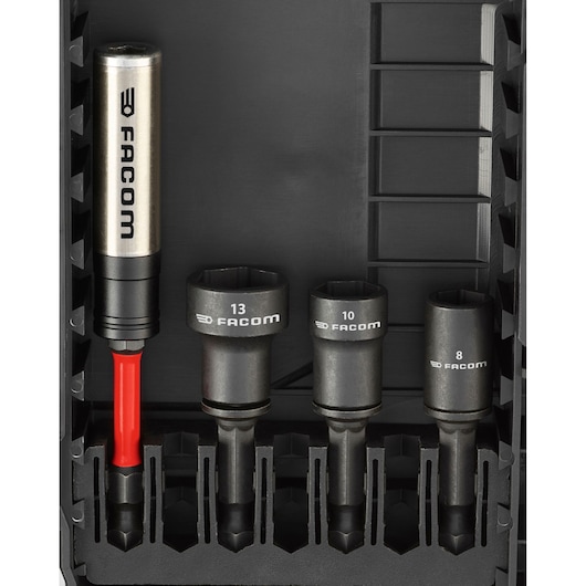 Photo of Facom EN_1J30PB socket set with magnetic driver and three sockets in black tray, front angle.