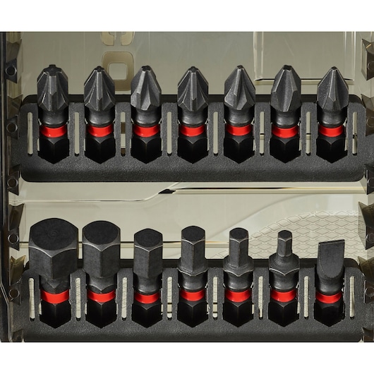 Facom EN_1J40PB screwdriver bit set, assorted black and red bits in plastic holder, front view.