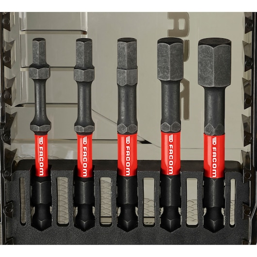 Facom EN_1J40PB set of five black and red impact socket adapters in a plastic holder, front view.