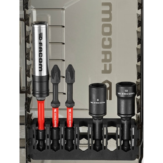 Photo of Facom EN_1J40PB bit and socket set in black molded tray with clear lid, showing two sockets, two bits, one driver.