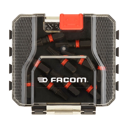 Facom EN_1J50PB bit set in compact black and clear plastic case with red accents, top view.