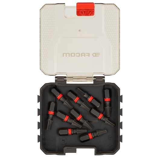 Facom EN_1J50PB screwdriver bit set with red rings in a black and transparent plastic case, top view.