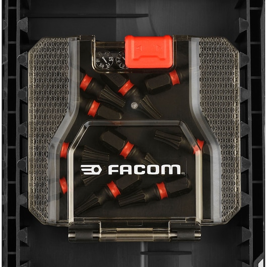 Facom EN_1J50PB bit set in clear plastic case, top view showing black and red bits.