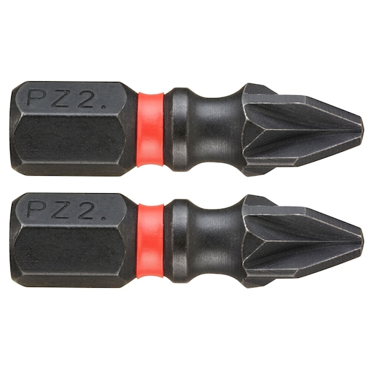 Facom END_102 photography of two black Pozidriv screwdriver bits with red rings, side view on white background.