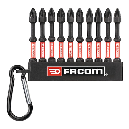 Facom END_JP101 screwdriver bit set with holder and keyring, front angle, black and red bits.