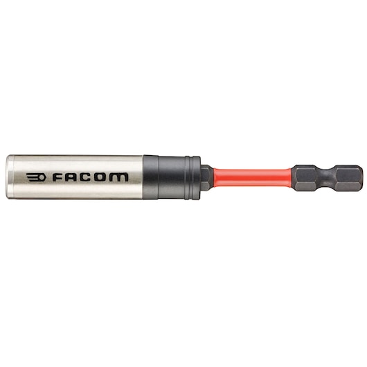 Facom ENF_6P1 magnetic bit holder with silver body, black tip, and red shaft, side view on white background.