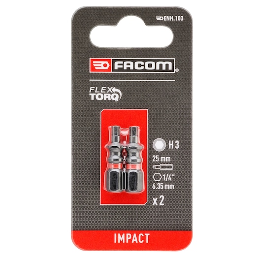 Photo of Facom ENH_103 two-piece impact bit set, 25mm, H3 hex, on retail packaging, front view.
