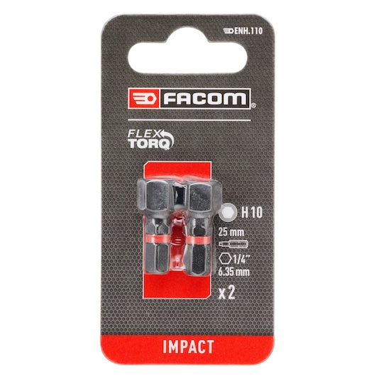 Facom ENH_110 impact hex driver bit set, two pieces, H10, 25mm, packaging front angle.
