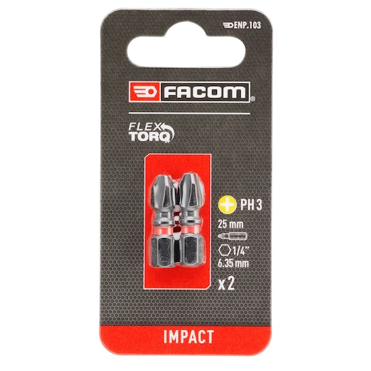 Facom ENP_103 pair of PH3 25mm impact screwdriver bits, silver with red band, retail packaging, front view.