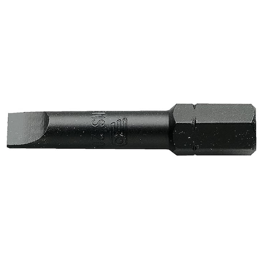 Facom ENS_208 flat screwdriver bit, black steel, close-up side view on white background.