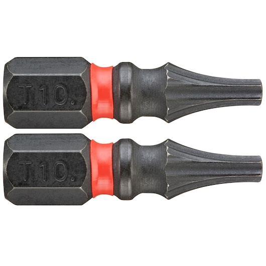 Photo of two Facom T10 black screwdriver bits with red rings, side by side, ENX_110, white background.