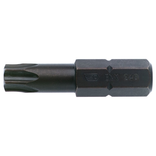 Facom ENX_240 black metal screwdriver bit, hex shank, photographed on white background, tool accessory.