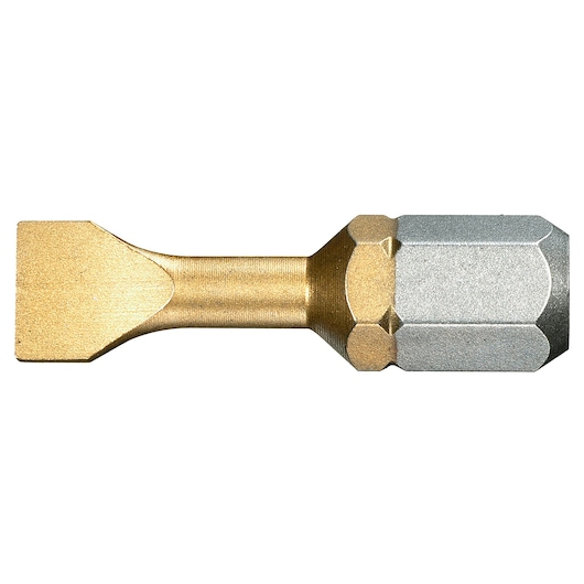Facom ES_124_5T flat tip gold and silver hex screwdriver bit, side angle, on white background.