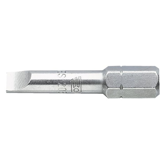Facom ES_206_5 slotted screwdriver bit, silver, hex shank, side view, white background.