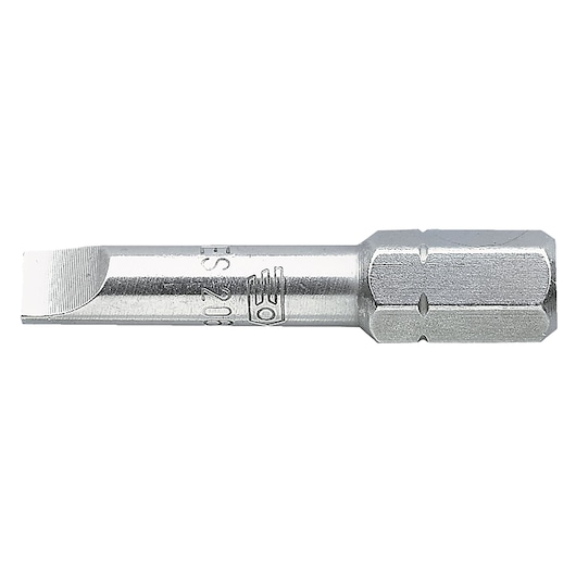 Facom ES_208 slotted screwdriver bit, silver metal, side angle on white background.