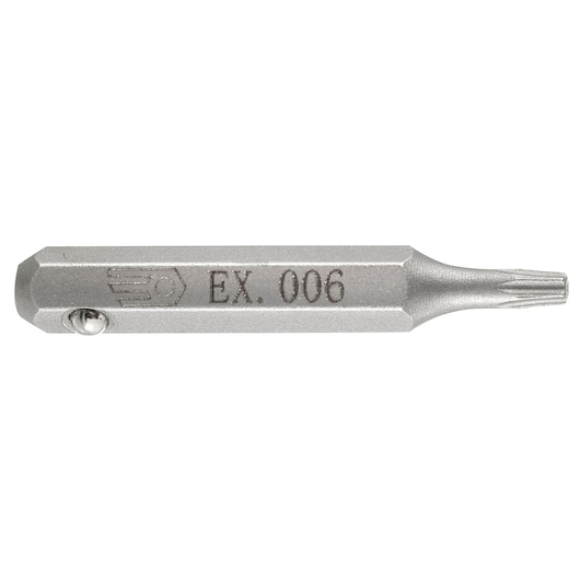 Photo of Facom EX_006 precision screwdriver bit with hexagonal shaft and engraved marking, side angle on white.
