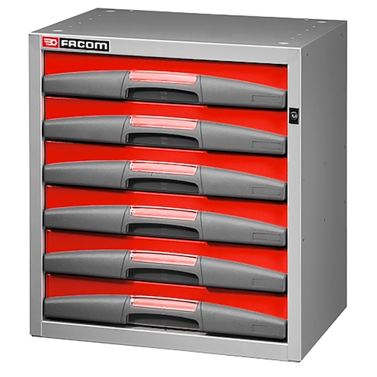 Facom F50000065 metal tool chest with six black-handled red drawers, angled front view, white background.