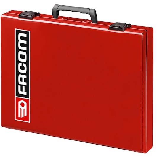 Facom F50000301 red metal tool case with black handle, front angle, photography on white background.
