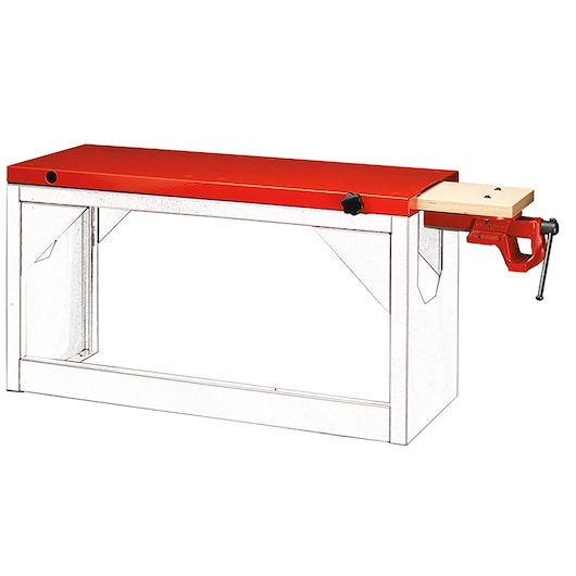Facom F50020076 workshop bench with red top and metal frame, front angle, wood vise attached.