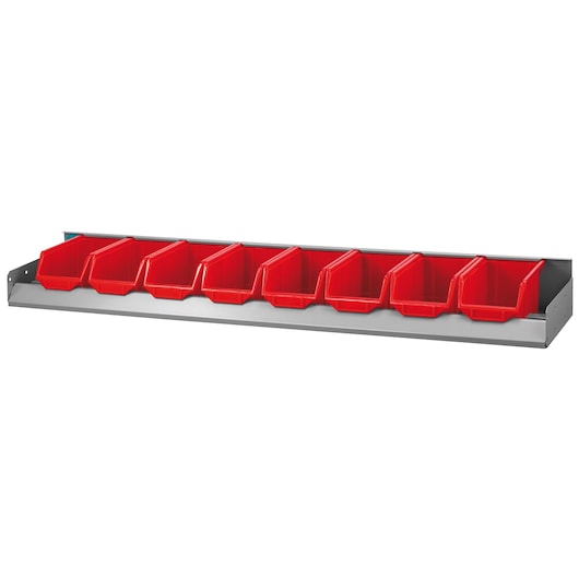 Facom F50030073 wall-mounted storage rack with eight red plastic bins, front angle on white background.