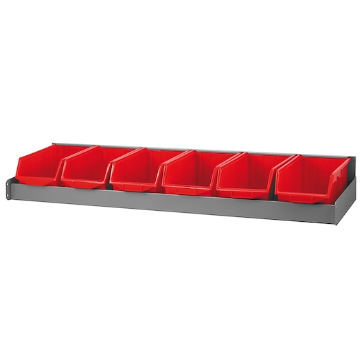 Facom F50030080 storage rack with six red plastic bins, wall-mounted, front angle on white background.