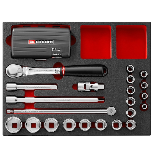 Facom socket and ratchet tool set F50031051 in foam tray, photography, top view on white background.