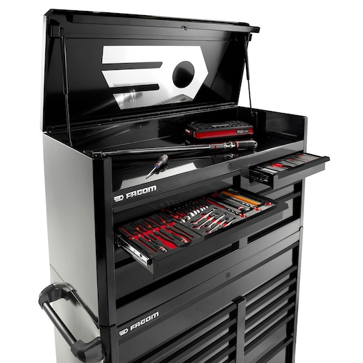 Facom FAS_13BK tool chest with open lid, showing drawers organized with various hand tools, angled front view.