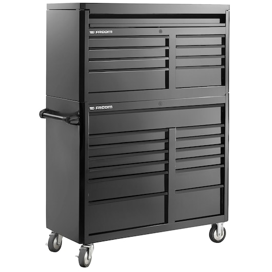 Facom black tool chest FAS_21BK with multiple drawers and wheels, left side handle, white background, angled view.