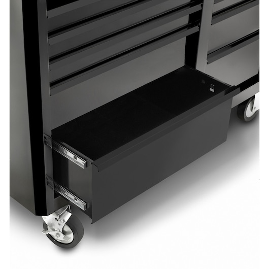 Facom FAS_21BK black metal tool chest with open drawer, side angle, on caster wheels.