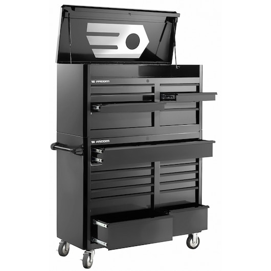 Facom FAS_C8BK black rolling tool chest with multiple open drawers, photographed at angle on white background.