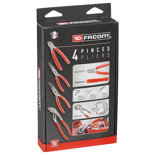 Facom GJP.A4PB pliers set, 4 pieces with red handles, product packaging front angle, tool set category.