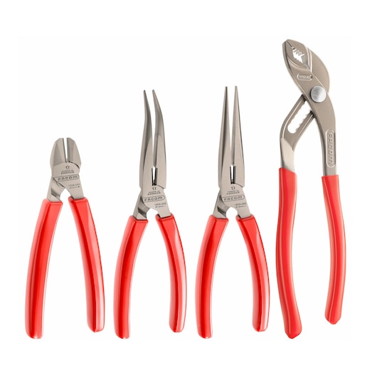 Facom GJP_A4 pliers set with red handles, four types displayed on white background, photography angle front.