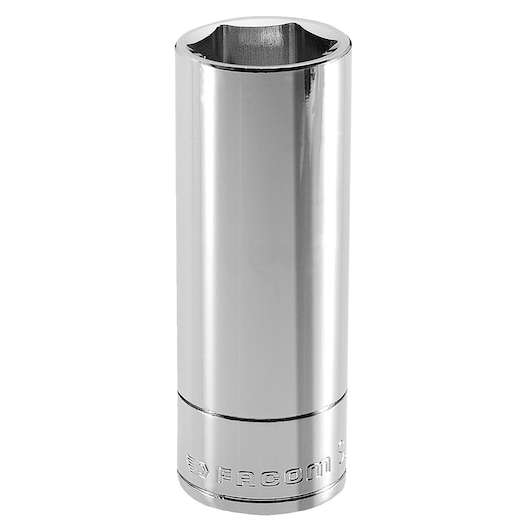 Photo of Facom J_12HLA chrome deep socket, 6-point design, shown upright on white background.