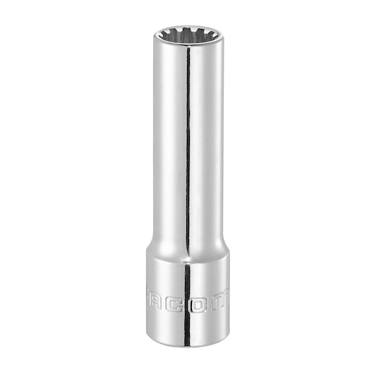 Photo of Facom J_12SEL chrome finish long socket, 12-point design, upright angle, white background.