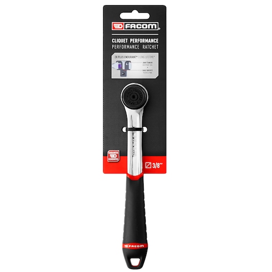 Photo of Facom J.161BPB 3/8 inch performance ratchet in retail packaging, black and red handle, front angle.