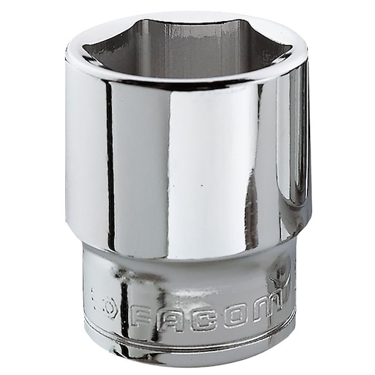 Facom J_18H chrome socket photography, front angle, engraved branding visible.